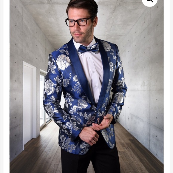 Men’s Elegant Navy/Silver Metallic Floral Blazer - Picture 1 of 5